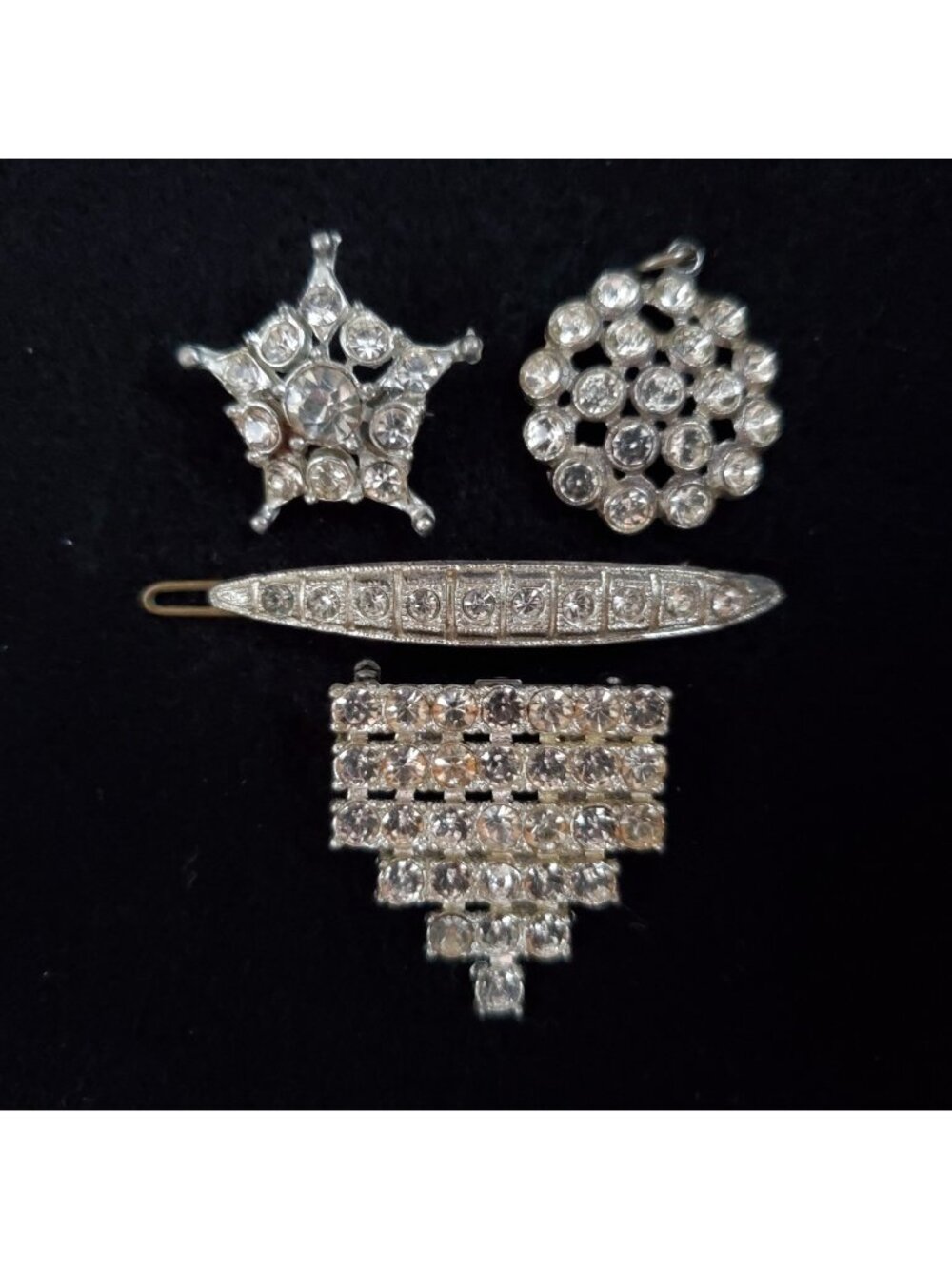 Vintage Pot Metal Lot Rhinestone Brooch Pendant Barrette Silver Tone